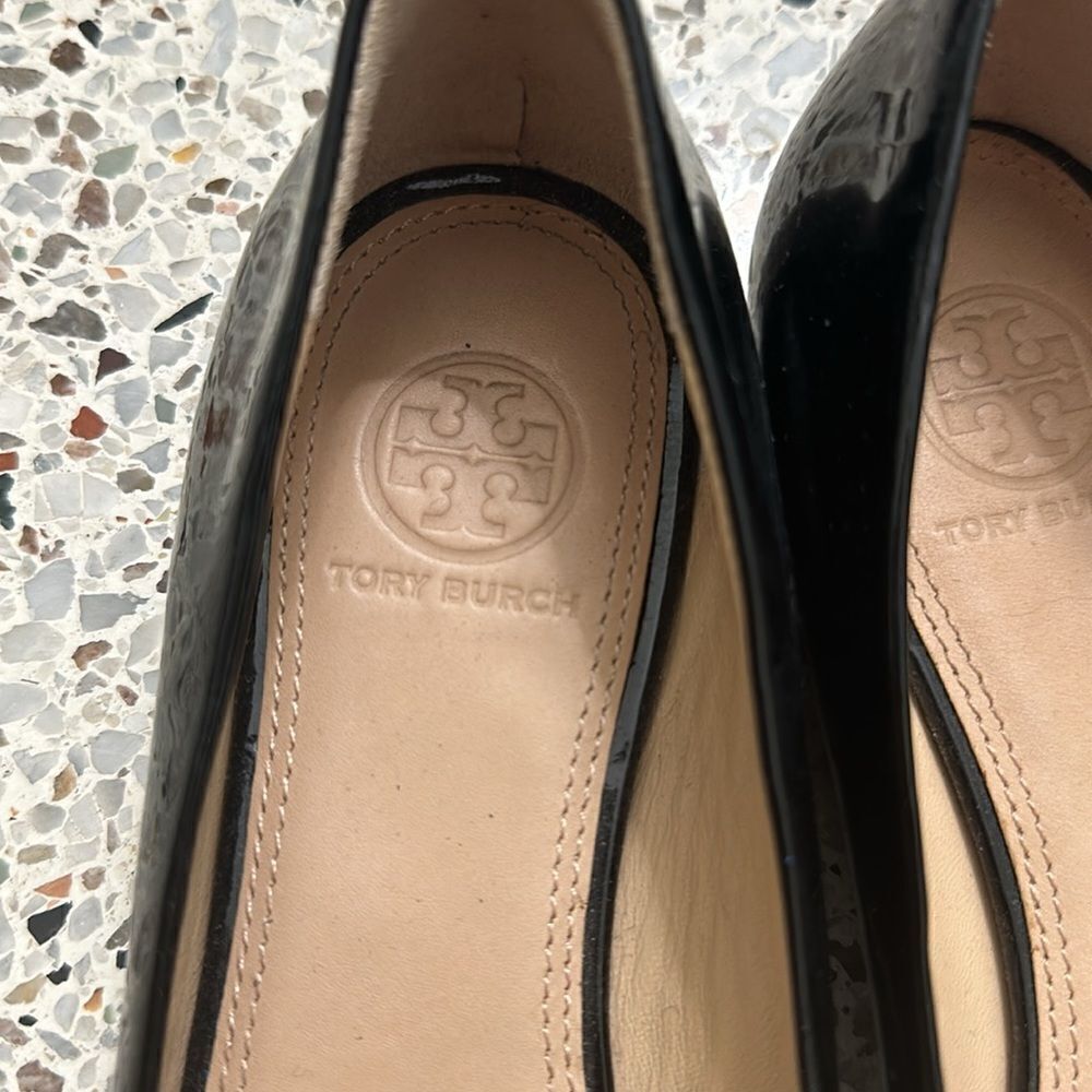 Tory Burch Black Peep Toe Flats with Gold Accent - Picture 7 of 7